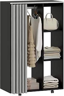 HOMCOM Armoire penderie Meuble de Rangement Mobile 4 roulettes avec Tringle à vêtements et étagères Ouvertes, penderie vêtement Dressing Roulant pour Chambre à Coucher, 80x40x128cm, Noir