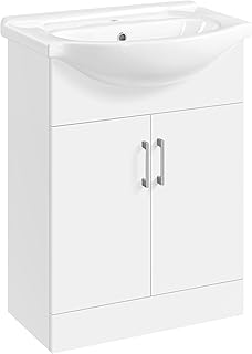 Yaheetech Meuble Salle de Bain avec Vasque en Céramique, Meuble Lave Main WC, Armoire sous Lavabo Encastrée, Charnières Soft-Close, 61 × 43,5 × 84 cm, Blanc