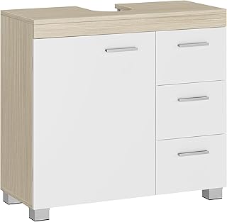 VASAGLE Meuble sous lavabo, Meuble de Salle de Bain, 3 Tiroirs Latéraux, 2 Cases derrière la Porte, pour Lavabos sur Colonne, avec Pieds, 30 x 70 x 64 cm, Blanc Nuage et Beige Naturel BBK504K01