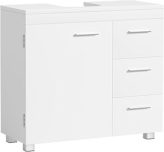 VASAGLE Meuble sous Lavabo, Meuble de Salle de Bain, 3 Tiroirs Latéraux, 2 Cases Derrière la Porte, pour Lavabos sur Colonne, avec Pieds, 30 x 70 x 64 cm, Blanc Nuage BBK504W01