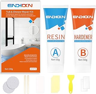 Kit Réparation Baignoire Acrylique Blanc, Endhokn Email Porcelaine Kit de Réparation Baignoire Lavabo Carrelage Receveur de Douche Resine Réparation des Fissures Perforations Éraflures (100g)