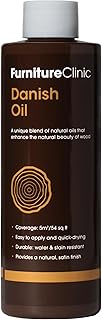 Furniture Clinic Huile Danoise Supérieure Protège Tous Types de Bois Nu en Finition Satinée - Traitement Entretien Int/Ext Agréée Alimentaire - Rétablit la Beauté, Imperméabilise, 250 ml