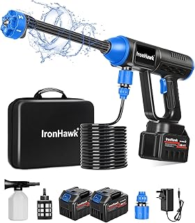 IronHawk Nettoyeur Haute Pression sans Fil – Batterie 2×Li‑ION, Portable & Léger, Buse 6‑en‑1, Tuyau 10 m – pour Voiture, Terrasse et Jardin