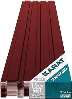 KARAT | Tôles Revêtement de mur et de toit | Tôles de bardage, couverture métallique, tôle trapézoïdale | Lot de 15 tôles - Tôle avec vis | Épaisseur 0,25 mm | 115 x 45 cm, Rouge (Ral 6005)