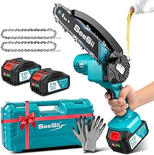 SEESII Mini Tronçonneuse à Batterie 8000mAh, 6 Pouces Tronçonneuse Électrique sans Fil avec Injecteur de Lubrifiant et Chaîne de Remplacement, Mini Scie à Chaîne Électrique pour Jardin, 6C10SM