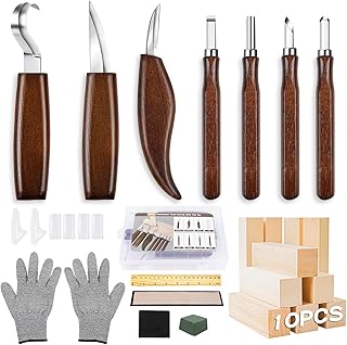 HOCMA Ciseaux à Bois, 23 in 1 Outils Sculpture Sur Bois Outils De Sculpture, Professionnel/Junior Set de Sculpture DIY avec Gants anti-coupure, Pierres à Aiguiller (Brun)