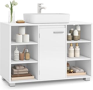 VASAGLE Meuble sous Lavabo, Meuble de Salle de Bain, Armoire de Salle de Bain avec Étagères Réglables, Pieds, 30 x 90 x 60 cm, Blanc Nuage BBK507W01